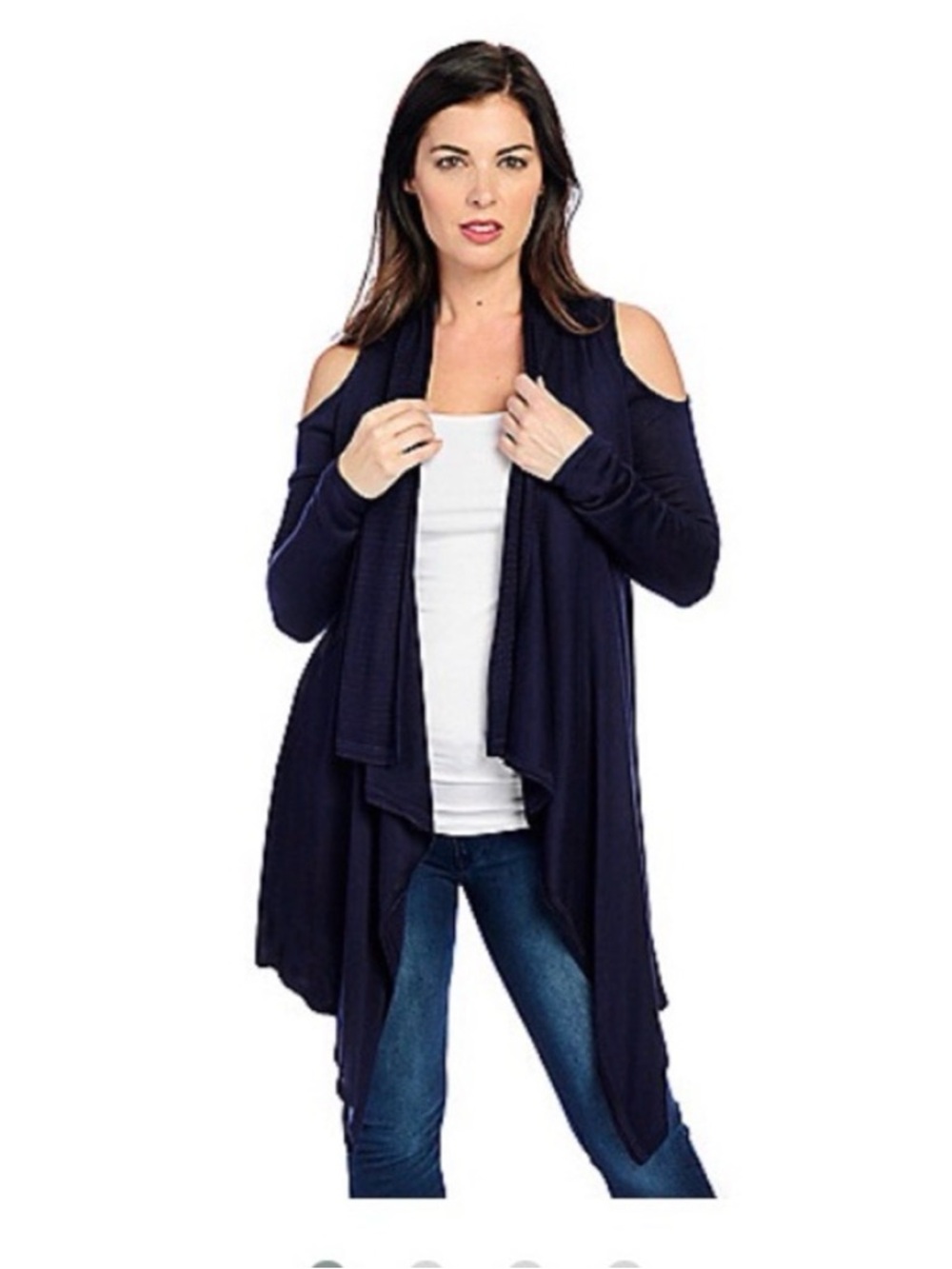 Kate & Mallory Navy Cold-Shoulder Open-Front Cardigan